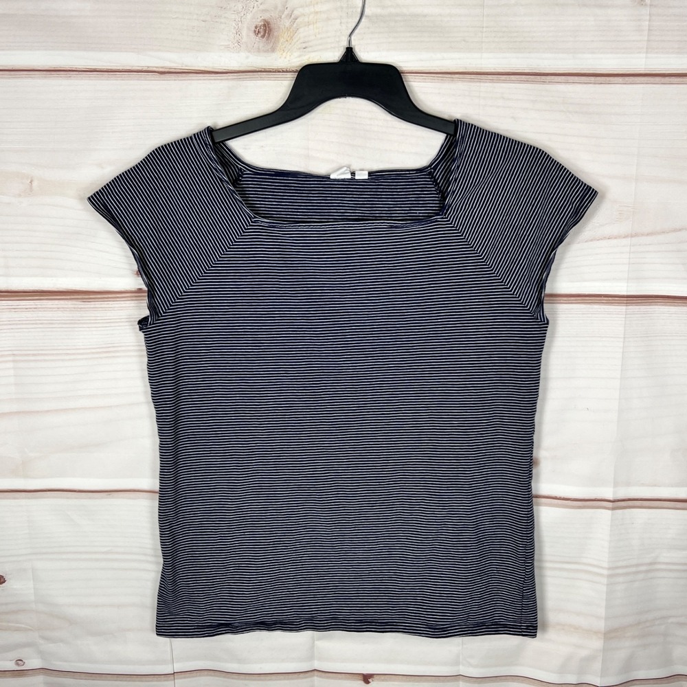 Gap Top Womens XL Blue Striped T-Shirt Cap Sleeve Square Neck Cotton Stretch